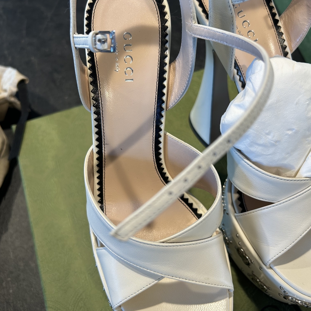 Gucci White Leather Crisscross Platform Heeled Sandals